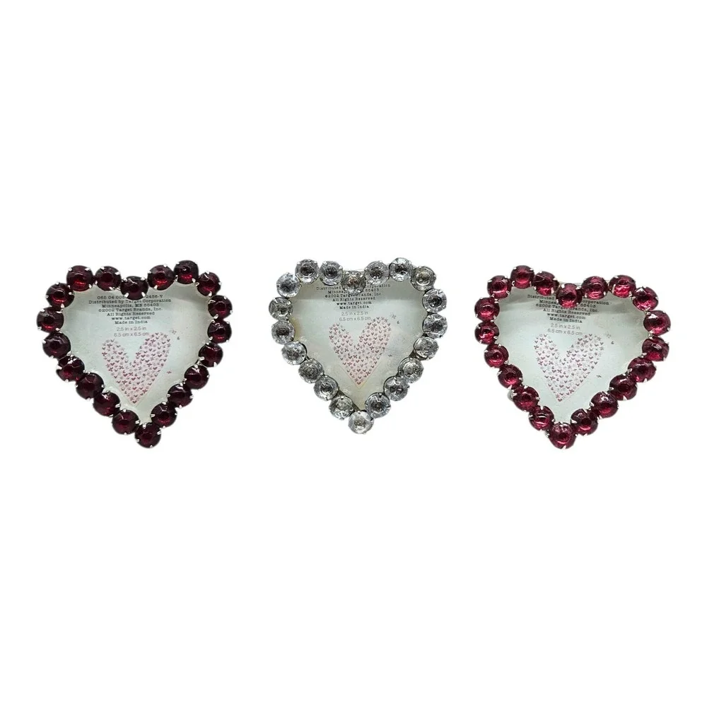 3 VTG Heart Shape Rhinestone Picture Frames Small Mini Red Pink Clear Y2K 2.5